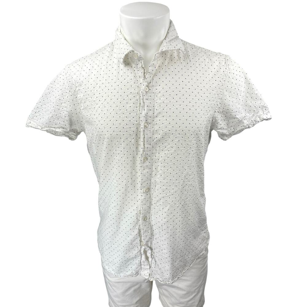 Bonobos Men's White Blue Tailored Polka Dots Short Sleeve Button Up Shirt Top L